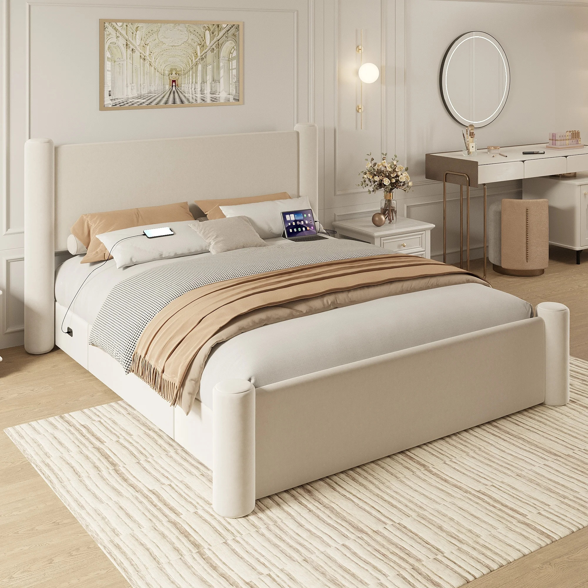 Roskilde Seng 160x200 cm med Opbevaring – Beige Velour - Billede 3