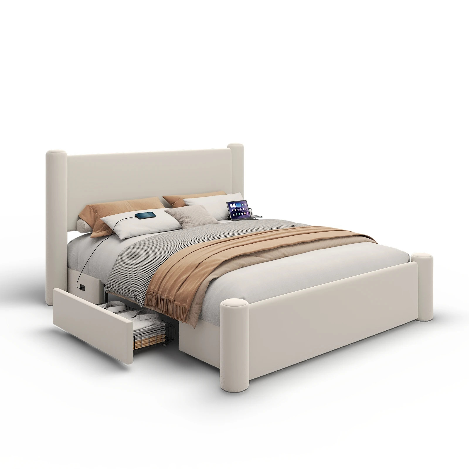 Roskilde Seng 160x200 cm med Opbevaring – Beige Velour - Billede 4