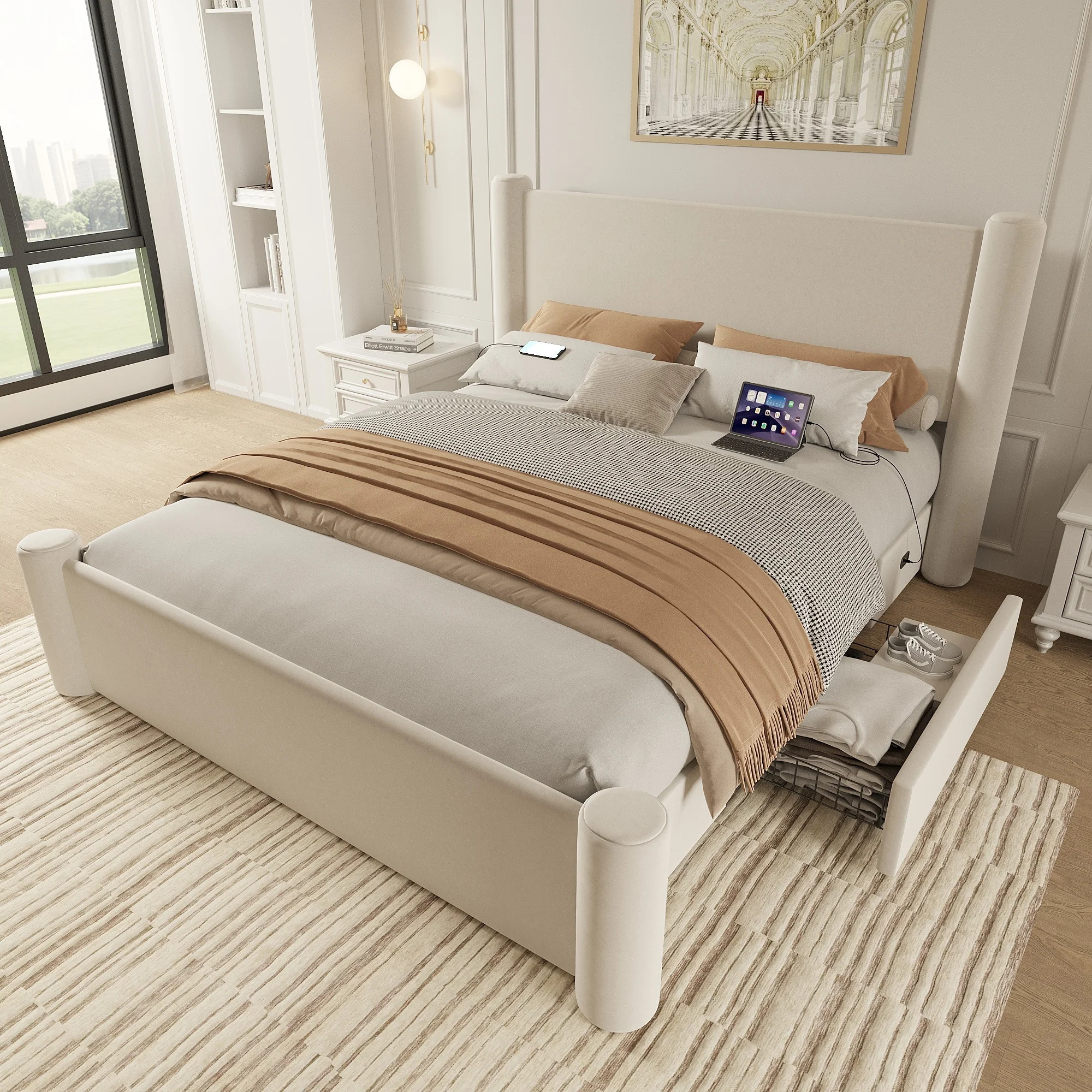 Roskilde Seng 160x200 cm med Opbevaring – Beige Velour - Billede 7