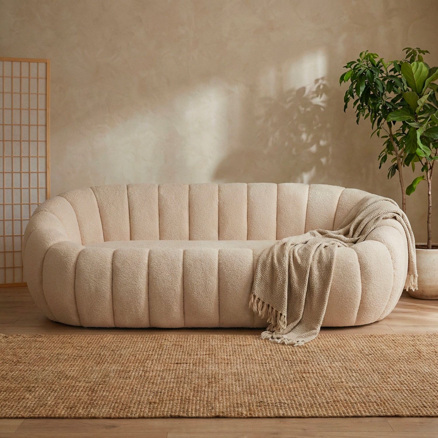 Horsens 3-personers Sofa – Skallsdesign, Creme Bouclé Stof - Billede 3