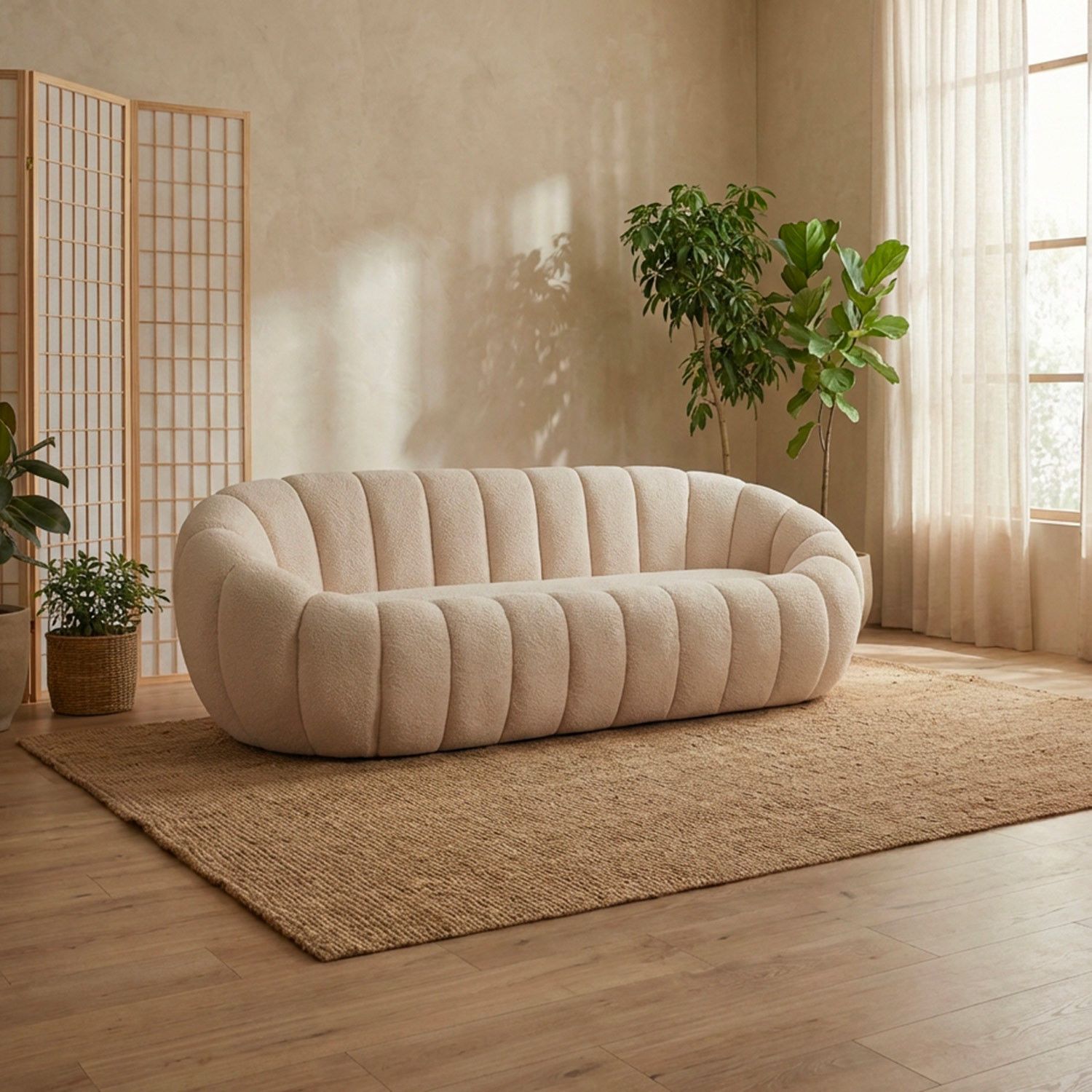 Horsens 3-personers Sofa – Skallsdesign, Creme Bouclé Stof - Billede 5