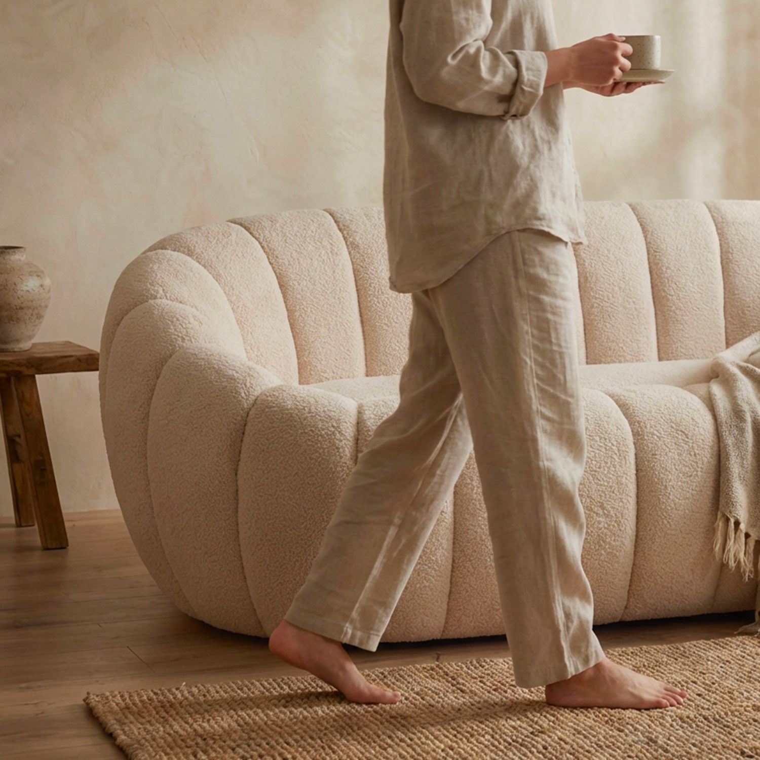 Horsens 3-personers Sofa – Skallsdesign, Creme Bouclé Stof - Billede 6