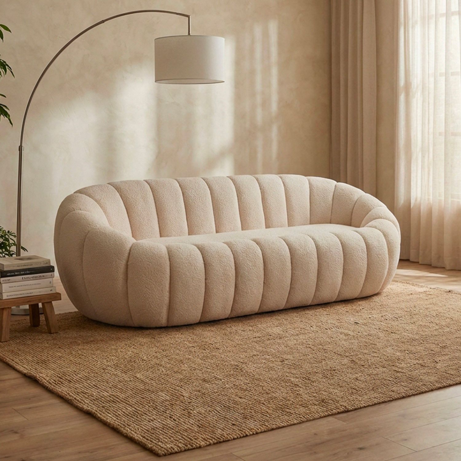 Horsens 3-personers Sofa – Skallsdesign, Creme Bouclé Stof - Billede 7