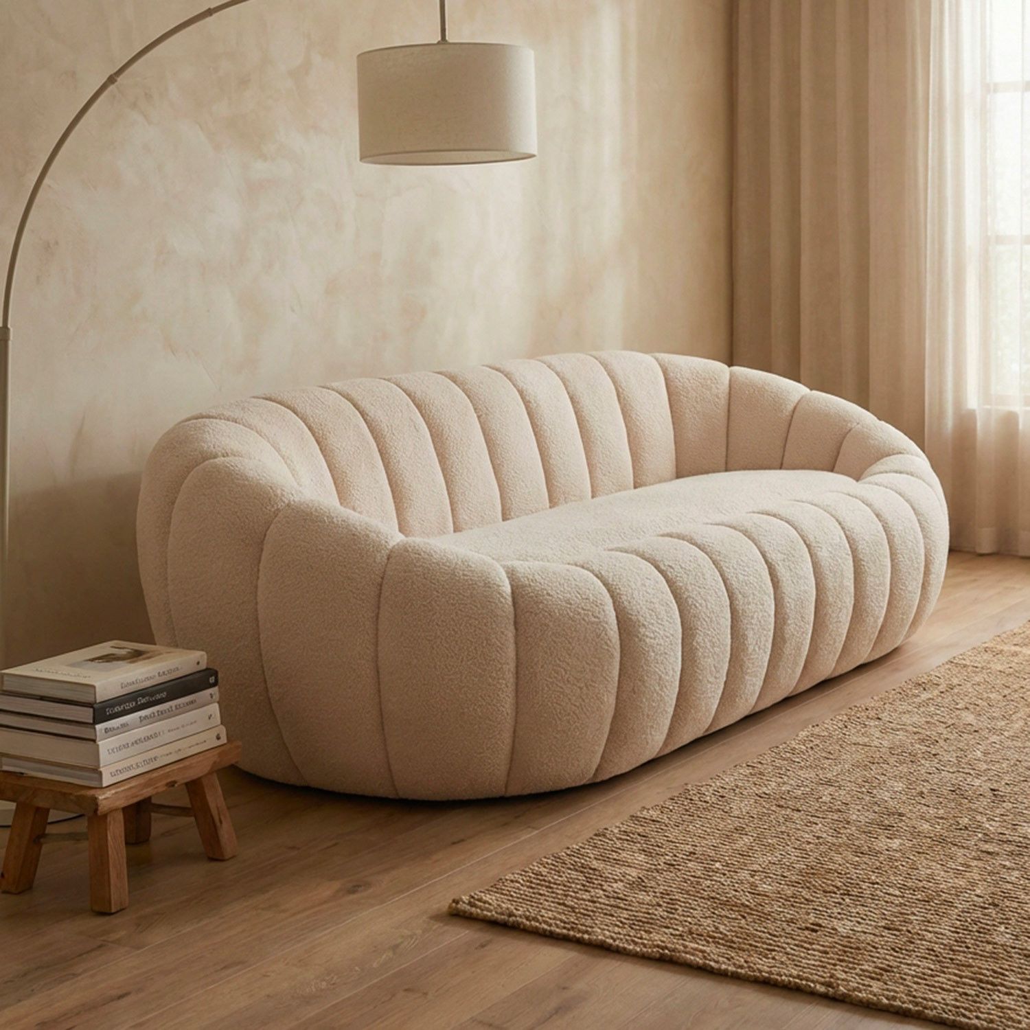 Horsens 3-personers Sofa – Skallsdesign, Creme Bouclé Stof - Billede 8