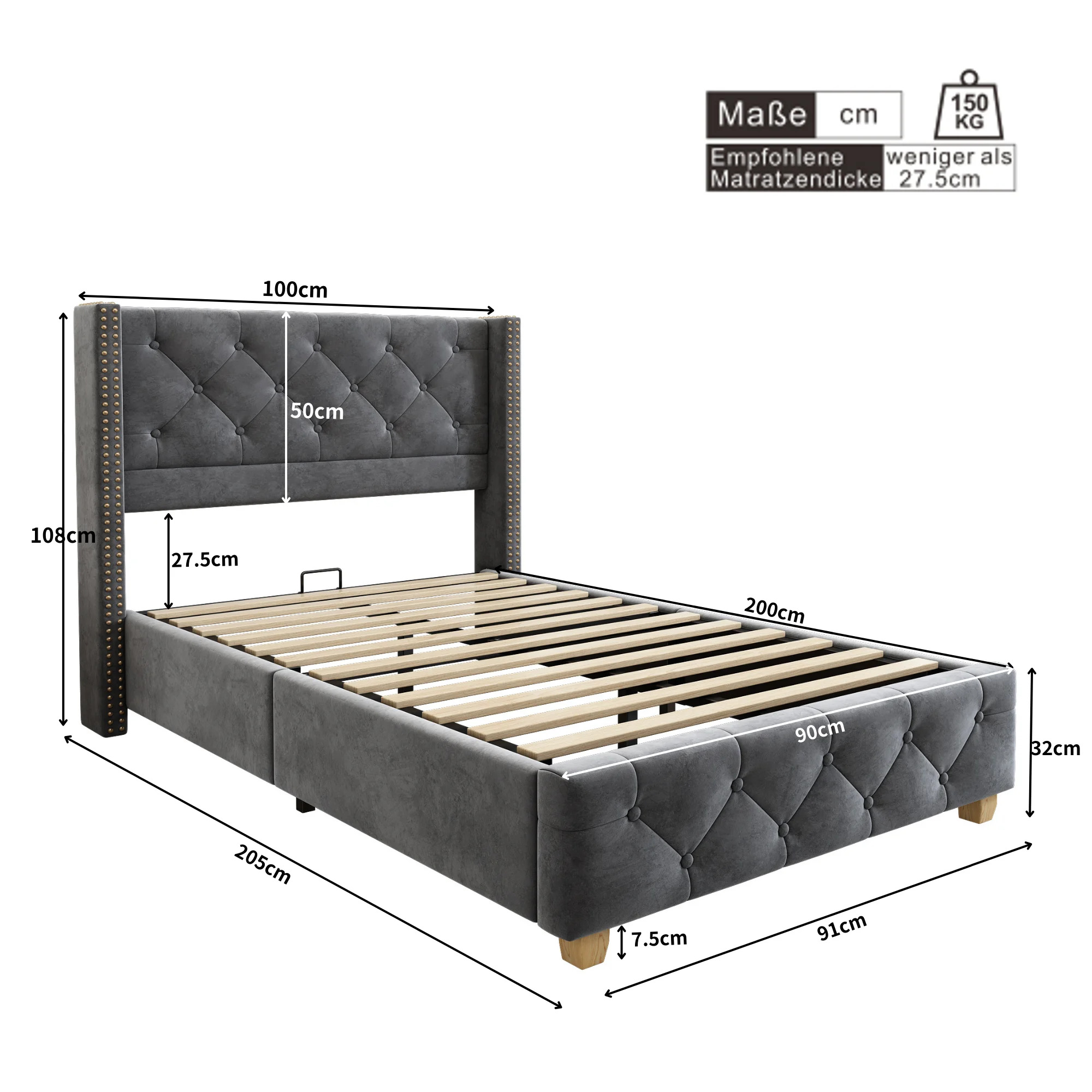 Odense Enkelseng 90x200 cm – Velvet med Robust Rammem - Billede 4