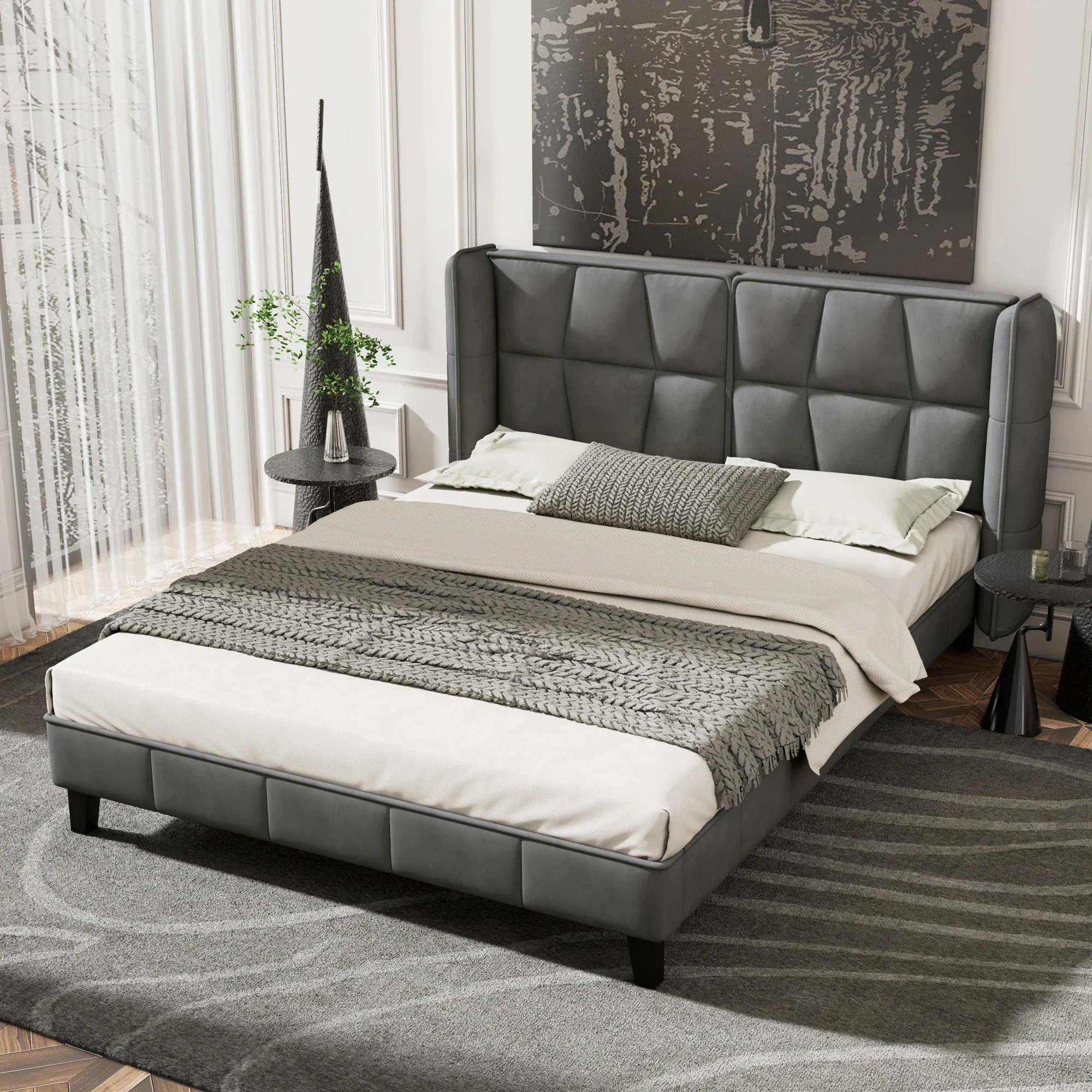 Herning Dobbeltseng 180x200 cm – Grå Velour med Polstret Hovedgærde - Billede 2