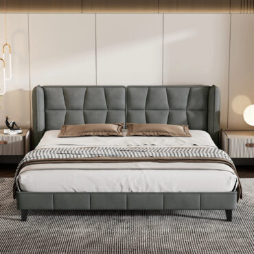 Herning Dobbeltseng 180x200 cm – Grå Velour med Polstret Hovedgærde