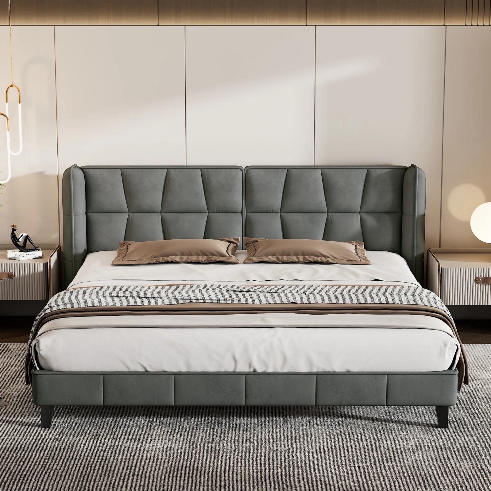 Herning Dobbeltseng 180x200 cm – Grå Velour med Polstret Hovedgærde